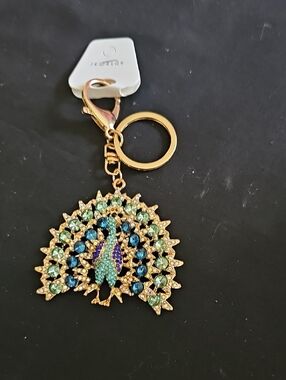 Gold Peacock Crystal Keychain - Teal, Blue, Green